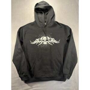 Hybrid Tees Mens L Pullover Hoodie Sweatshirt Black Skull Tribal Graphic Print